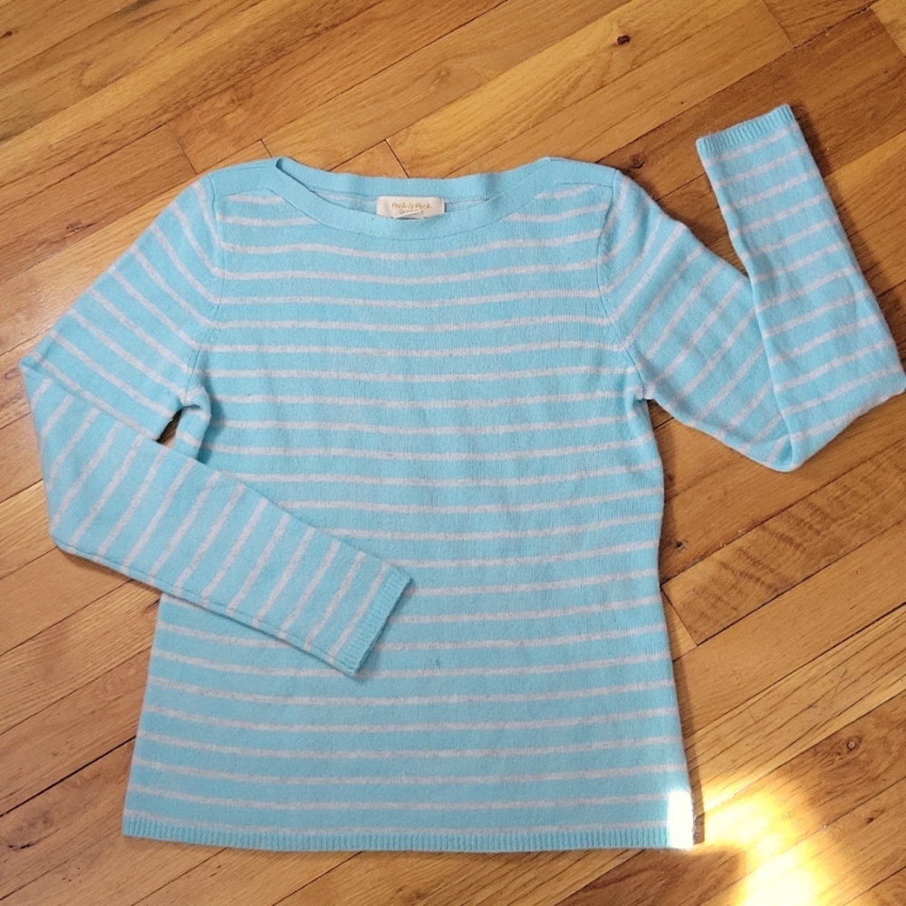 Light blue cream striped  cashmere sweater medium